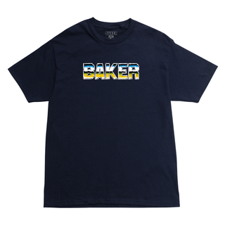 Navy Baker tee with Chrome Zone graphic, 100% cotton, crewneck, screen-printed artwork by Josh Freydkis.