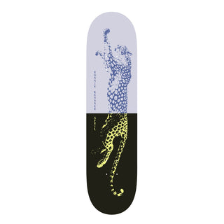 April Skateboards Ronnie Kessner Two Tone 8.5-inch deck with split-color cheetah graphic in lavender, black, and yellow.