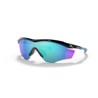 Oakley M2 Frame XL sunglasses in Polished Black with Prizm Sapphire lenses, lightweight O Matter frame with ellipse metal icon accents, Unobtainium earsocks and nosepads, HDO performance shield lens, interchangeable lens system, enhanced XL vertical lens dimension for cycling and sport