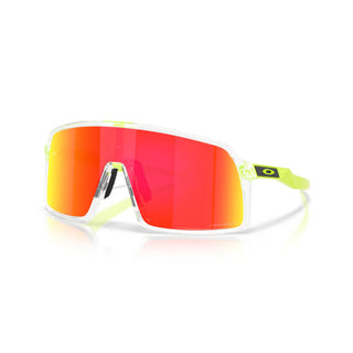 "Oakley Sutro sunglasses in Clear frame with Prizm Ruby lenses — bold shield sport sunglasses with ruby mirror finish and UV400 protection"
