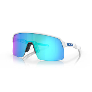 "Oakley Sutro Lite sunglasses in Matte White frame with Prizm Sapphire lenses — lightweight shield sport sunglasses with blue mirror finish and UV400 protection"
