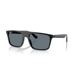 Ray-Ban RB2222 sunglasses in Polished Black with Dark Blue Polarized lenses — square propionate frame with 100% UV protection and glare reduction.

