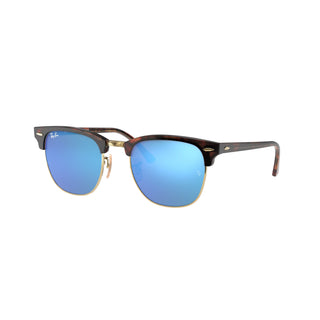 Ray-Ban Clubmaster Flash Sunglasses RB3016 in Sand Havana Arista with Grey Mirror Blue flash lenses, square browline acetate frame with Havana on Gold temples, 51mm lens width, 43.9mm lens height, 145mm temple length