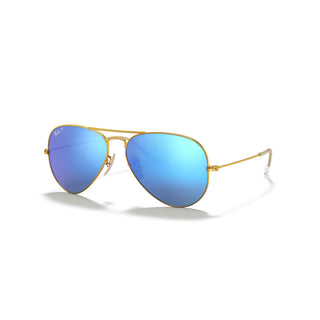 Ray-Ban Aviator Large Metal RB3025 in Matte Gold with Blue Polarized Mirror lenses — iconic pilot frame with adjustable nosepads and standard face coverage.

