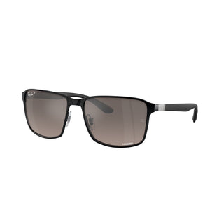 Ray-Ban RB3721CH Polarized+ Sunglasses in Matte Black with Grey Mirror Polar+ lenses, square metal frame in polished black-on-black with black temples, 59mm lens width, 44.5mm lens height, 145mm temple length, superior polarized clarity and glare protection