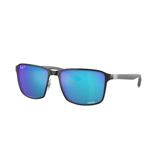 Ray-Ban RB3721CH Polarized+ Sunglasses in Polished Black on Silver with Mirror Blue Polar+ lenses, square metal frame with silver temples, 59mm lens width, 44.5mm lens height, 145mm temple length, enhanced clarity contrast and 100% UV protection