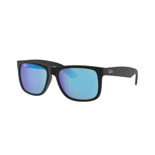 Ray-Ban Justin Sunglasses RB4165 in Matte Rubber Black with Blue Mirror Flash lenses, square rectangle nylon frame with rubberized finish and black temples, 54mm lens width, 43.9mm lens height, 145mm temple length, Wayfarer-inspired bold style