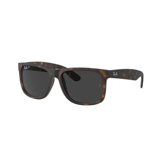 Ray-Ban Justin Classic Sunglasses RB4165 in Matte Rubber Havana with Dark Grey Polarized lenses, square nylon frame with rubberized matte finish and Havana temples, 54mm lens width, 43.9mm lens height, 145mm temple length, stylish casual polarized sunglasses