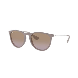 Ray-Ban Erika Classic Sunglasses RB4171 in Matte Dark Sand with Violet Gradient Brown lenses, round phantos injected frame with soft flexible bridge and tone-on-tone Dark Sand temples, 54mm lens width, 46mm lens height, 145mm temple length, 100% UV protection