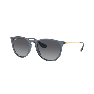 Ray-Ban Erika Classic Sunglasses RB4171 in Polished Transparent Blue with Grey Gradient Polarized lenses, round phantos nylon frame with soft flexible bridge and tone-on-tone Transparent Blue temples, 54mm lens width, 46mm lens height, 145mm temple length, 100% UV protection