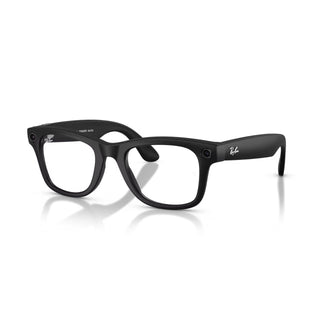 Ray-Ban Meta Wayfarer Gen 2 smart glasses in Matte Black with clear lenses, Meta AI, camera, and audio.