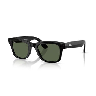 Ray-Ban Meta Wayfarer Gen 2 smart glasses in Shiny Black with G-15 Green lenses, Meta AI, camera, and audio.