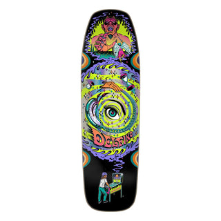 Santa Cruz Fabiana Delfino Pinball Vision Pro Shaped Deck 9.14" — neon graphics over silver rainbow prismatic foil with wheel wells revealing multi-color veneers