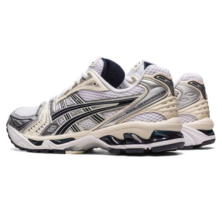 ASICS Women's Kayano 14 Shoes in White/Midnight, featuring 2000s design with GEL technology and TRUSSTIC support.