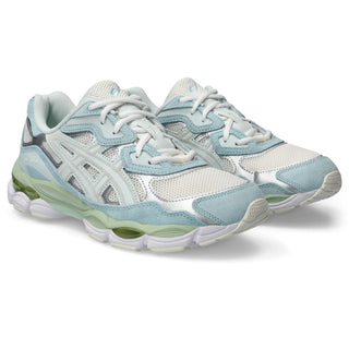 ASICS GEL-NYC in Cream/Aquamarine, combining classic design features and modern performance elements. The shoe incorporates GEL-NIMBUS 3 and MC-PLUS V design cues on the upper, paired with an advanced tooling system inspired by the GEL-CUMULUS 16.