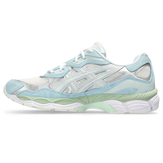 ASICS GEL-NYC in Cream/Aquamarine, combining classic design features and modern performance elements. The shoe incorporates GEL-NIMBUS 3 and MC-PLUS V design cues on the upper, paired with an advanced tooling system inspired by the GEL-CUMULUS 16.