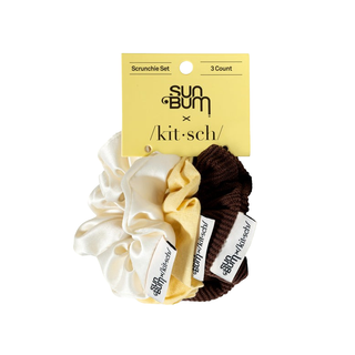 Sun Bum Limited Edition SB x Kitsch 3-piece scrunchie set in corduroy, satin, and linen.