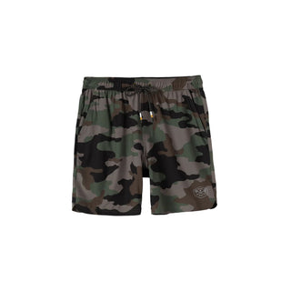 Dark Seas No Sweat athletic shorts in camo with moisture-wicking fabric, reflective details, and secure pockets.