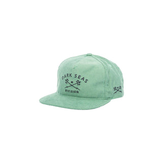 Dark Seas Tridents corduroy snapback hat in green with satin stitch embroidery and Tridents logo on side.