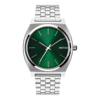 Nixon Time Teller Green Sunray analog watch with stainless steel bracelet and green sunray dial.