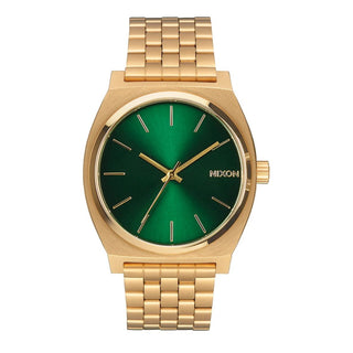 Nixon Time Teller Gold/Green Sunray analog watch with gold stainless steel bracelet and green sunray dial.