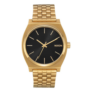 Nixon Time Teller All Gold/Black Sunray analog watch with gold stainless steel bracelet and black sunray dial.