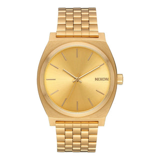 Nixon Time Teller All Gold analog watch with gold stainless steel bracelet and matching minimalist dial.