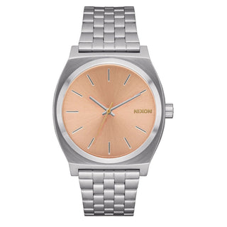 Nixon Time Teller Silver/Coral analog watch with stainless steel bracelet and vibrant coral dial.