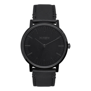 Nixon Porter Leather All Black analog watch with black leather strap and minimalist black dial.