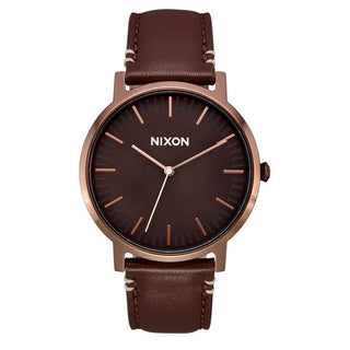 Nixon Porter Leather Chocolate/Dark Roast/Brown analog watch with brown leather strap and deep brown dial.