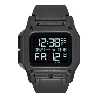 Nixon Regulus All Black digital watch with high-contrast LCD display and black TPU strap.