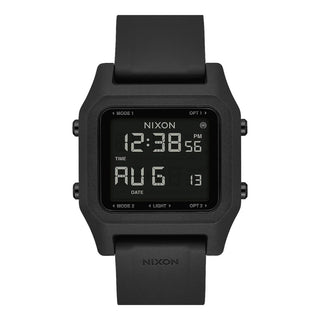 Nixon Staple All Black digital watch with recycled plastic case, high-contrast LCD, and black rubber-blend strap.