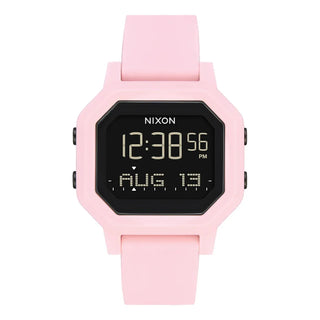 Nixon Siren Watch in Pale Pink with recycled case, tide functionality, soft silicone band, and eco-friendly design.
