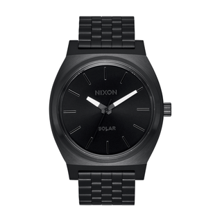 Nixon Time Teller Solar in All black/white - Iconic watch with a larger 40mm case, quick-release 5-link bracelet, and 100m waterproof rating.