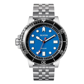 Nixon Stinger 44 Watch featuring a blue dial, stainless steel case, and bracelet, with luminous indices.