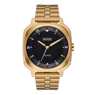 Nixon Fremont 40 Gold/Black analog watch with gold stainless steel bracelet and black dial.