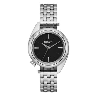Nixon Eddy All Silver/Black analog watch with stainless steel bracelet and black dial.