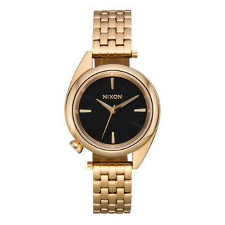 Nixon Eddy All Gold/Black analog watch with gold stainless steel bracelet and black dial.