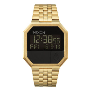 Nixon Re-Run All Gold digital watch with gold stainless steel bracelet and retro LCD display.