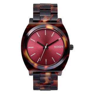 Nixon Time Teller Acetate Tortoise/Oxblood watch with handcrafted acetate bracelet and deep oxblood analog dial.