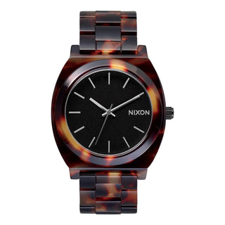 Nixon Time Teller Acetate Tortoise watch with handcrafted acetate bracelet and minimalist analog dial.