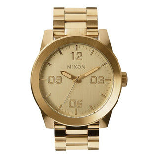 Nixon Corporal Stainless Steel watch in All Gold with military indices, faceted bracelet, and raised bezel.