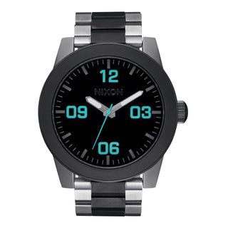 Nixon Corporal Stainless Steel watch, Silver/Gunmetal dial, military indices, faceted bracelet, and raised bezel.