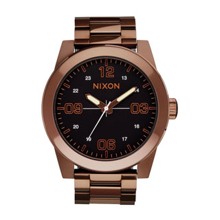 Nixon Corporal Chocolate/Dark Roast analog watch with stainless steel bracelet and rugged brown field-style dial.