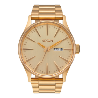 Image of the Nixon Sentry Stainless Steel All Gold watch, showcasing its all gold design and stainless steel bracelet.