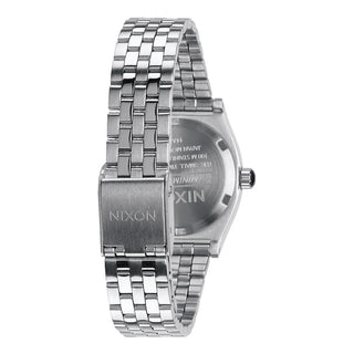 An image of the Nixon Small Time Teller All Silver watch, highlighting its silver design and stainless steel bracelet.