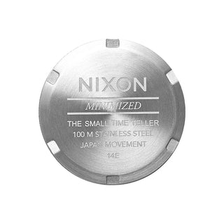 An image of the Nixon Small Time Teller All Silver watch, highlighting its silver design and stainless steel bracelet.