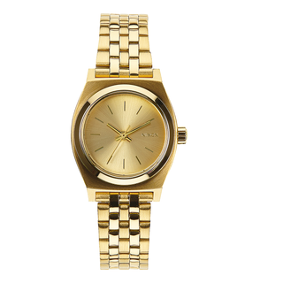An image of the Nixon Small Time Teller All Gold watch, highlighting its golden design and stainless steel bracelet.