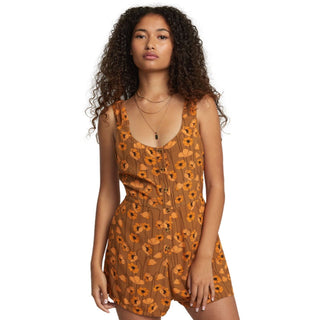 A stylish and eco-friendly RVCA Valley Romper for Women made from Ecovero viscose fabric, featuring a fitted waist, scoop neck, and side pockets.