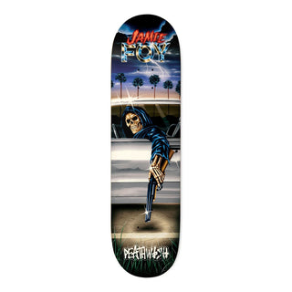 Deathwish Jamie Foy Samborghini Reaper Skateboard Deck 8.25 — art by Sam Bledsoe, DW Deep Concave, 8.25" x 31.5", 14.25" wheelbase, 100% hard rock Canadian maple.